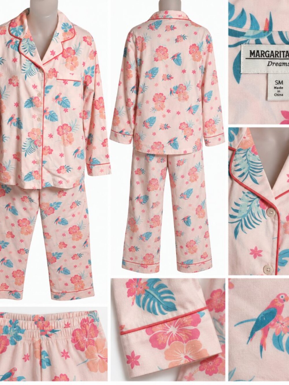 Margaritaville Dreams S/M Pink Tropical Floral Parrot Pajama Set Coastal Boho